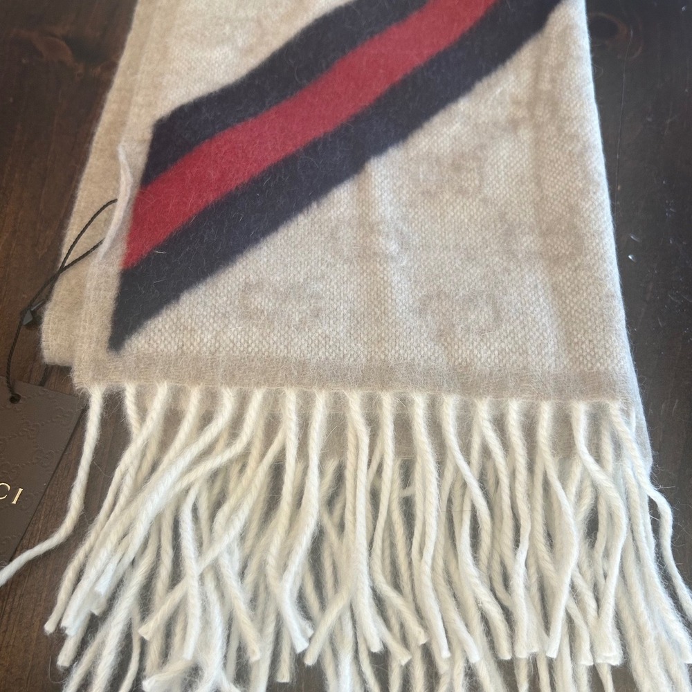 Gucci Nikky Scarf Wool Angora Monogram Stripe Fringe Italy Luxury Soft Classic - Picture 3 of 11